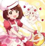  1girl :d alcremie alcremie_(strawberry_sweet) apron bangs blush brown_eyes brown_hair cake cosplay cream hikari_(pokemon) hikari_(pokemon)_(cosplay) dress eyebrows_visible_through_hair food frilled_apron frills fruit gloria_(pokemon) haru_(haruxxe) highres holding holding_plate looking_at_viewer medium_hair open_mouth oven_mitts pink_apron pink_dress plate pokemon pokemon_(game) pokemon_masters_ex puffy_short_sleeves puffy_sleeves short_sleeves smile strawberry swept_bangs white_headwear 