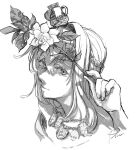  1girl bangs braid closed_mouth crown flower french_braid gardenia_(flower) greyscale hair_between_eyes holding holding_flower jewelry kantai_collection leaf long_hair looking_at_viewer mini_crown monochrome necklace portrait signature simple_background solo warspite_(kancolle) yamada_rei_(rou) 