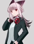  1girl alternate_costume animal_ears arknights black_jacket brown_hair collared_shirt commentary_request dress_jacket dress_shirt fox_ears frostleaf_(arknights) grey_background grey_hair hand_in_hair headphones headphones_around_neck highres jacket kurakak6 long_hair looking_at_viewer parted_lips red_eyes shirt simple_background solo tuxedo upper_body white_shirt 