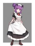  1girl alternate_costume apron arknights ascot black_dress blush border chinese_commentary clothes_lift commentary_request demon_horns dress dress_lift ear_piercing enmaided eyebrows_visible_through_hair full_body grey_background highres horns lava_(arknights) looking_at_viewer mabing maid outside_border piercing pointy_ears purple_hair red_neckwear shirt_lift short_hair short_twintails sidelocks simple_background solo standing twintails violet_eyes wavy_mouth white_apron white_border white_wristband 