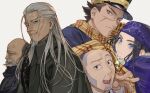  1boy 1girl 3boys ainu ainu_clothes asirpa bald bandana beard black_hair black_suit blue_bandana blue_eyes brown_eyes coat earrings facial_hair goatee golden_kamuy green_coat grey_hair hat hijikata_toshizou_(golden_kamuy) jewelry kibadori_rue long_beard long_hair looking_at_viewer military military_hat military_uniform multiple_boys nagakura_shinpachi_(golden_kamuy) old old_man scarf sugimoto_saichi uniform white_hair 