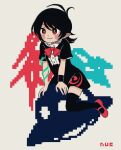  1girl asymmetrical_wings black_dress black_hair black_legwear blue_wings blush bow bowtie buttons center_frills dress frilled_dress frills houjuu_nue mary_janes pixelated pointy_ears red_bow red_eyes red_footwear red_neckwear red_wings shoes short_dress short_hair short_sleeves simple_background smile snake thigh-highs touhou ufo white_background wings wristband you_taira 