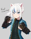  1girl amagamip animal_ears bangs blue_eyes blue_hair cat_ears cosplay devil_may_cry_(series) gawr_gura highres hololive hololive_english looking_at_viewer multicolored_hair open_mouth smile solo streaked_hair vergil_(devil_may_cry) vergil_(devil_may_cry)_(cosplay) virtual_youtuber 