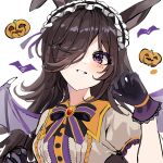  1girl animal_ears bat_wings black_bow black_neckwear bow bowtie brown_hair gloves hair_ornament halloween_costume hand_up headdress highres horse_ears jack-o&#039;-lantern lisi long_hair looking_at_viewer make_up_in_halloween!_(umamusume) parted_lips portrait pumpkin purple_bow purple_gloves purple_neckwear rice_shower_(umamusume) shirt simple_background solo striped striped_bow umamusume violet_eyes white_background white_shirt wings 