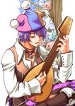  1boy :3 angel_wings angeling baggy_pants bangs blue_headwear boots brown_footwear brown_pants brown_vest clown_(ragnarok_online) collared_shirt commentary_request deviling eyebrows_visible_through_hair foot_out_of_frame ghostring hair_between_eyes halo hat holding holding_instrument instrument jester_cap looking_down lute_(instrument) male_focus marin_(ragnarok_online) metaling multicolored multicolored_clothes multicolored_headwear music open_mouth pants pink_headwear playing_instrument poporing poring purple_hair ragnarok_online sakakura_(sariri) shirt short_hair slime_(creature) solo_focus tree vest violet_eyes white_shirt wings yellow_headwear 