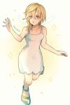  1girl blonde_hair blue_eyes blush breasts dress highres kingdom_hearts kingdom_hearts_ii long_hair namine open_mouth pinko_(inazume-panko) sandals simple_background solo white_dress 