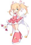  1girl :d blonde_hair dress frilled_dress frills full_body gloves green_eyes hair_ribbon highres karukan_(monjya) long_hair magical_girl mega_man_(series) petticoat pink_dress pink_ribbon ribbon roll_(mega_man) short_dress simple_background smile solo twintails waving white_background white_gloves 