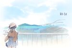  1girl artist_name black_hair blue_skirt blue_sky bridge brown_shawl clouds commentary_request dated day from_behind hair_flaps jingei_(kancolle) kantai_collection kirisawa_juuzou long_hair low_ponytail mountain outdoors pleated_skirt railing scenery skirt sky solo 