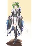  1girl :d absurdres alternate_costume artist_name black_dress black_gloves black_legwear blue_eyes bridal_gauntlets clear_glass_(mildmild1311) cosplay dress enmaided eyebrows_visible_through_hair felicia_(fire_emblem) felicia_(fire_emblem)_(cosplay) fire_emblem fire_emblem:_the_blazing_blade fire_emblem_fates frilled_dress frills gloves green_hair highres long_sleeves maid maid_headdress nino_(fire_emblem) open_mouth simple_background skirt_hold smile solo thigh-highs 