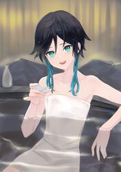  1boy absurdres alcohol androgynous bangs black_hair blue_hair collarbone commentary_request cup genshin_impact gradient_hair green_eyes highres holding holding_cup kagami_(kagami) looking_at_viewer multicolored_hair naked_towel open_mouth partially_submerged sake short_hair_with_long_locks sidelocks smile solo towel venti_(genshin_impact) water wet 