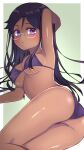  1girl arm_up armpits ass bangs bare_shoulders bikini black_hair breasts commentary_request dark-skinned_female dark_skin glasses hachusan111 highres large_breasts livia_medeiros looking_at_viewer magia_record:_mahou_shoujo_madoka_magica_gaiden mahou_shoujo_madoka_magica purple_bikini solo swimsuit violet_eyes 