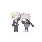  1boy 1girl :3 bangs black_footwear black_neckwear blonde_hair blush_stickers chibi closed_eyes danganronpa_(series) danganronpa_2:_goodbye_despair freckles gamhwa glasses grey_hair grey_skirt hair_ribbon highres jacket kuzuryuu_fuyuhiko long_hair medium_hair necktie open_mouth pants pantyhose pekoyama_peko petting pleated_skirt ribbon short_hair simple_background skirt smile striped striped_jacket striped_pants white_background white_footwear white_ribbon 