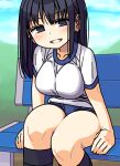  1girl bench black_eyes black_hair black_legwear breasts buruma commentary day grin gym_uniform highres kneehighs large_breasts long_hair looking_at_viewer maruput original outdoors sitting smile solo thighs 