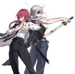  2girls back-to-back black_eyepatch black_neckwear black_pants black_tank_top blood blood_on_face blood_on_weapon braid braided_ponytail breasts brown_hair business_suit chainsaw_man cigarette expressionless eyebrows_visible_through_hair eyepatch formal hand_gesture highres holding holding_sword holding_weapon long_hair looking_at_viewer makima_(chainsaw_man) medium_breasts multiple_girls muscular muscular_female necktie office_lady oyo_hitsuji pants ponytail quanxi_(chainsaw_man) ringed_eyes shirt shirt_tucked_in sleeveless sleeveless_shirt smoking suit sword tank_top weapon white_hair white_shirt yellow_eyes 