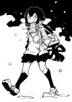  1girl :p asui_tsuyu bag bangs black_hair black_legwear black_skirt boku_no_hero_academia breath coat commentary dowman_sayman english_commentary full_body greyscale hands_in_pockets headphones highres kneehighs long_hair long_sleeves looking_at_viewer miniskirt monochrome outdoors plaid plaid_scarf scarf shoes shoulder_bag skirt snow solo tongue tongue_out walking wavy_mouth winter winter_clothes 