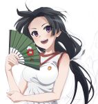  1girl black_hair breasts commentary_request folding_fan gym_uniform hand_fan highres kongou_mitsuko long_hair looking_at_viewer low-tied_long_hair medium_breasts naguramu ribbon shirt simple_background sleeveless sleeveless_shirt smile solo violet_eyes white_background white_ribbon 