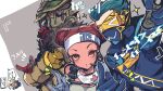  &gt;_&lt; 1boy 1girl 1other ambiguous_gender apex_legends bloodhound_(apex_legends) blue_gloves blue_jacket brown_eyes cable dark-skinned_female dark_skin double_bun fast_fashion_octane gloves goggles hair_slicked_back headband headset highres holding jacket lifeline_(apex_legends) looking_ahead mask mask_around_neck mouth_mask nozomu144 octane_(apex_legends) official_alternate_costume puckered_lips rebreather redhead selfie_stick speech_bubble visor white_headband 