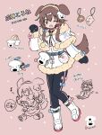  1girl animal_ears bangs blue_bow blush_stickers bone_hair_ornament bow brown_eyes brown_hair character_name chibi chocolate_cornet dog_ears dog_girl dog_tail earmuffs fangs food fur_trim gloves hair_between_eyes hair_ornament hairclip hololive inugami_korone keychain lapithai long_hair long_sleeves nekomata_okayu pink_background pink_bow signature simple_background snow_boots standing standing_on_one_leg tail virtual_youtuber 