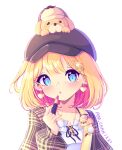  1girl animal_print artist_name aya_chan1221 badge bangs blonde_hair blue_eyes bow bowtie bubba_(watson_amelia) button_badge cabbie_hat collarbone commentary cosmetics dog dog_print earrings english_commentary eyebrows_visible_through_hair hair_between_eyes hair_ornament hat heart heart_earrings highres holding holding_lipstick_tube hololive hololive_english jacket jewelry key_necklace lipstick_tube long_sleeves looking_at_viewer magnifying_glass parted_lips plaid plaid_jacket puffy_long_sleeves puffy_sleeves short_hair sidelocks simple_background virtual_youtuber watson_amelia white_background x_hair_ornament 