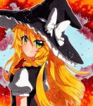  1girl autumn_leaves bangs black_dress black_headwear blonde_hair blue_sky bow braid breasts closed_mouth dress eyebrows_visible_through_hair eyes_visible_through_hair frills from_behind from_side green_eyes hair_between_eyes hair_bow hat hat_bow kirisame_marisa leaf long_hair looking_at_viewer medium_breasts puffy_short_sleeves puffy_sleeves qqqrinkappp red_bow shikishi shirt short_sleeves single_braid sky smile solo touhou traditional_media white_bow white_shirt white_sleeves witch_hat 