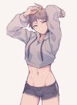  1boy ahoge alternate_costume amido_(compassion273) arms_up bangs black_shorts brown_hair collarbone cowboy_shot cropped_hoodie danganronpa_(series) danganronpa_2:_goodbye_despair grey_background groin highres hinata_hajime hood hoodie long_sleeves male_focus navel shorts simple_background solo stomach 