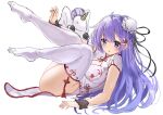  1girl :o absurdres azur_lane breasts china_dress chinese_clothes dress eyebrows_visible_through_hair full_body hair_ornament hairclip hand_on_floor highres long_hair looking_at_viewer looking_to_the_side lying no_shoes on_back open_mouth purple_hair solo thigh-highs thighs unicorn unicorn_(azur_lane) unicorn_(spring&#039;s_present)_(azur_lane) violet_eyes white_background white_dress white_legwear zyousha333 
