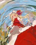  1girl :&lt; arm_at_side ascot bangs blonde_hair closed_mouth expressionless female_pov flandre_scarlet from_below from_side hat hat_ribbon highres impressionism long_hair looking_at_viewer looking_down no_lineart outdoors petticoat pov puddle red_eyes red_ribbon red_skirt red_vest reddizen reflection ribbon short_sleeves side_ponytail skirt skirt_set solo standing touhou upskirt vest water white_headwear yellow_neckwear 