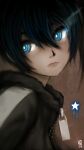  1girl black_rock_shooter black_rock_shooter_(character) brown_background english_commentary expressionless eyebrows_behind_hair face fixelcat glowing glowing_eyes hair_between_eyes jacket lips looking_back solo speedpaint star_(symbol) striped upper_body zipper 