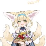  1girl :d absurdres animal_ears arknights bare_shoulders black_collar blonde_hair blue_hair bouquet braid collar commentary_request dated dress flower fox_ears fox_girl fox_tail green_eyes highres holding holding_bouquet infection_monitor_(arknights) looking_at_viewer multicolored_hair multiple_tails open_mouth purple_flower red_flower shio_(7203802) short_hair simple_background single_wrist_cuff smile solo straight-on streaked_hair suzuran_(arknights) tail upper_body white_background white_dress white_flower white_hair white_wrist_cuffs wrist_cuffs yellow_flower 