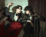  2boys absurdres bathtub black_hair blood bow bowtie cho_sang-woo cigarette formal highres holding holding_cigarette holding_knife knife looking_at_another multiple_boys seong_gi-hun smoking squid_game suit thisuserisalive 