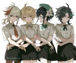  4boys aether_(genshin_impact) ahoge androgynous bangs black_hair blonde_hair blue_hair blue_neckwear braid cowboy_shot earrings facial_mark flower from_side genshin_impact gradient_hair green_eyes green_hair green_headwear green_neckwear hair_between_eyes hair_ornament highres holding jewelry kaedehara_kazuha long_hair looking_at_viewer multicolored_hair multiple_boys necktie open_mouth ponytail red_neckwear redhead school_uniform short_hair_with_long_locks simple_background single_earring smile streaked_hair sweatdrop twin_braids venti_(genshin_impact) white_background white_flower white_hair ws852 xiao_(genshin_impact) yellow_eyes yellow_neckwear 