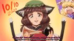  1990s_(style) 2girls animal_ear_fluff animal_ears bangs blunt_bangs brown_eyes brown_hair cat_ears cat_tail chen closed_eyes crying dated earrings english_commentary eyebrows_visible_through_hair fangs fingernails fox_tail furrowed_brow green_headwear hat highres japanese_clothes jewelry medium_hair mob_cap multiple_girls multiple_tails nail_polish nekomata open_mouth orange_background red_nails retro_artstyle sharp_fingernails sidelocks simple_background single_earring step_arts streaming_tears tail tears teeth touhou two_tails upper_body upper_teeth yakumo_ran 
