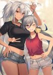  2girls ahoge black_nails black_shirt blue_shorts blurry blurry_background blush breasts closed_mouth collarbone dark-skinned_female dark_skin eyewear_removed glasses grey_eyes grey_hair grey_shorts grin heart height_difference highres holding holding_eyewear kantai_collection kasumi_(skchkko) kiyoshimo_(kancolle) looking_at_viewer low_twintails medium_breasts midriff multiple_girls musashi_(kancolle) navel one_eye_closed pose red_eyes red_shirt shirt shorts silver_hair smile tan twintails v 