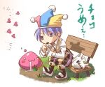  1boy :3 bag baggy_pants bangs bench blue_headwear boots brown_footwear brown_pants brown_vest chibi closed_mouth clown_(ragnarok_online) collared_shirt commentary_request drooling eyebrows_visible_through_hair hat heart jester_cap looking_afar multicolored multicolored_clothes multicolored_headwear pants pink_headwear plastic_bag pointy_footwear poring purple_hair ragnarok_online rock sakakura_(sariri) shirt short_hair sitting slime_(creature) vest violet_eyes white_shirt yellow_headwear 