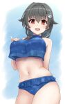  1girl bangs bikini black_hair blue_bikini blush breasts eyebrows_visible_through_hair hair_flaps hair_ornament hair_over_shoulder hand_on_own_chest highres jingei_(kancolle) kantai_collection kodama_(mmt_uf) large_breasts open_mouth ponytail red_eyes simple_background solo swimsuit two-tone_background 