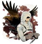  1boy altair_ibn_la-ahad animal arm_behind_back assassin&#039;s_creed assassin&#039;s_creed_(series) bird blood blood_on_weapon brown_gloves character_name commentary_request dagger eagle english_text fingerless_gloves gloves hidden_blade holding holding_dagger holding_weapon hood hood_up jacket knife long_sleeves male_focus outline partial_commentary sash shaded_face solo standing tatsuri_(forest_penguin) upper_body weapon white_jacket white_outline 