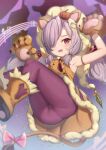  1girl animal_ears animal_hands armpits arms_up ass bangs blush boots bow brown_footwear brown_gloves claws commentary_request dress fang gloves granblue_fantasy hair_ornament hair_over_one_eye hair_ribbon halloween harvin highres jack-o&#039;-lantern jack-o&#039;-lantern_hair_ornament lion_ears lion_tail long_hair looking_at_viewer low_twintails niyon_(granblue_fantasy) open_mouth panties panties_under_pantyhose pantyhose pantylines paw_gloves pink_bow pointy_ears purple_hair purple_legwear purple_ribbon revision ribbon sleeveless sleeveless_dress solo striped striped_ribbon tail tail_bow tail_ornament thighs twintails underwear uneg violet_eyes 