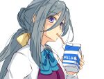  ahoge commentary_request dress_shirt drinking_straw grey_eyes grey_hair hair_between_eyes hair_bun halterneck highres kantai_collection kiyoshimo_(kancolle) long_hair long_sleeves low_twintails milk_carton multicolored_hair one-hour_drawing_challenge school_uniform shirt simple_background twintails umegae_ousuke upper_body very_long_hair white_background white_shirt 