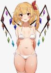  1girl absurdres arms_behind_back ass_visible_through_thighs bangs bikini blonde_hair blush breasts commentary_request cowboy_shot crystal eyebrows_visible_through_hair fang flandre_scarlet groin hair_between_eyes hair_ribbon highres kamukamu_23 looking_at_viewer medium_hair navel no_hat no_headwear one_side_up parted_lips pointy_ears red_eyes red_ribbon ribbon simple_background small_breasts smile solo swimsuit thigh-highs touhou white_background white_bikini white_legwear wings 