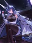  1girl azur_lane bangs bare_shoulders black_legwear blue_eyes blush bodystocking breasts closed_mouth coat coat_on_shoulders creature crossed_legs cup drink drinking_glass elbow_gloves feet_out_of_frame gloves hair_between_eyes hair_intakes headgear high-waist_skirt highres holding holding_cup indoors large_breasts long_hair manjuu_(azur_lane) new_jersey_(azur_lane) new_jersey_(exhilarating_steps!)_(azur_lane) official_alternate_costume purple_hair sansan_(dongfangzhong111) skirt smile solo_focus underbust very_long_hair white_coat white_gloves white_skirt wrist_guards 
