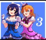  2girls absurdres bangs bare_shoulders blue_background blue_dress blue_eyes blue_hair blush choker commentary_request dress earrings gloves hair_ribbon highres holding_hands jewelry kousaka_honoka long_hair looking_at_another love_live! love_live!_school_idol_project multiple_girls one_eye_closed one_side_up open_mouth orange_hair pink_dress ribbon skirt smile sonoda_umi swept_bangs white_gloves yellow_eyes 