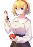  1girl absurdres alicia_(full_dive) bangs blonde_hair crossed_bangs food fruit hair_between_eyes hairband highres holding holding_food holding_fruit holding_knife knife kyuukyoku_shinka_shita_full_dive_rpg_ga_genjitsu_yori_mo_kusoge_dattara nyaa_(nnekoron) short_hair simple_background solo violet_eyes white_background 