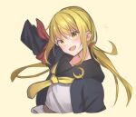  1girl armband beige_background black_jacket blonde_hair crescent crescent_pin cropped_arms highres jacket kantai_collection knt02142769 long_hair looking_at_viewer low_twintails neckerchief remodel_(kantai_collection) satsuki_(kancolle) simple_background smile solo twintails upper_body yellow_eyes yellow_neckwear 