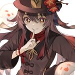  1girl :d bangs bead_bracelet beads bracelet brown_hair chinese_clothes commentary_request eyebrows_visible_through_hair finger_to_mouth flower genshin_impact ghost grin gyoju_(only_arme_nim) hair_between_eyes hand_on_hip hat hat_flower hat_ornament hu_tao_(genshin_impact) index_finger_raised jewelry long_hair long_sleeves looking_at_viewer open_mouth orange_eyes ring see-through sidelocks simple_background smile symbol-shaped_pupils twintails white_background wide_sleeves 