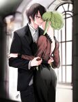 1boy 1girl absurdres black_hair black_jacket black_skirt blurry blurry_background braid brown_shirt c.c. closed_mouth code_geass couple dress_shirt eye_contact eyebrows_visible_through_hair formal green_hair grey_vest hetero highres indoors jacket lelouch_lamperouge long_hair long_sleeves looking_at_another noppo open_mouth pant_suit see-through shirt short_hair shoulder_blades sidelocks signature skirt smile suit tied_hair vest violet_eyes white_shirt yellow_eyes 