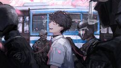  5boys :d black_collar black_gloves black_jacket brown_hair bus collar from_side gloves grey_shirt ground_vehicle helmet jacket leash lowe_410 messy_hair motor_vehicle multiple_boys original orignal police shirt short_hair short_sleeves smile swat teeth upper_body upper_teeth visor 