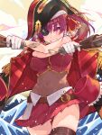  1girl anchor_symbol antique_firearm ass_visible_through_thighs belt blush breasts covered_navel dual_wielding epaulettes eyepatch firelock flintlock grin gun hat highres holding holding_gun holding_weapon hololive houshou_marine jacket miniskirt pirate_hat pleated_skirt red_eyes red_jacket red_skirt redhead skirt smile solo thigh-highs thighs twintails virtual_youtuber waterring weapon 