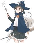  1girl alternate_costume black_cape black_eyes black_hair black_skirt broom cape commentary_request fubuki_(kancolle) highres kantai_collection long_hair long_sleeves low_ponytail ma_rukan machinery pleated_skirt ponytail short_ponytail sidelocks simple_background skirt solo war white_background 