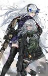  2girls assault_rifle bag bangs black_footwear black_hairband black_legwear blue_hair breasts buckle g11_(girls&#039;_frontline) german_flag girls_frontline gloves green_eyes green_jacket green_skirt grey_eyes gun h&amp;k_g11 h&amp;k_hk416 hairband highres hk416_(girls&#039;_frontline) holding holding_gun holding_weapon jacket long_hair multiple_girls nslacka open_mouth rifle shirt silver_hair skirt sweatdrop tactical_clothes thigh-highs trigger_discipline uniform weapon white_gloves white_shirt zettai_ryouiki 