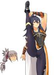  1boy 1girl absurdres armor bangs blue_hair commission commissioner_upload fire_emblem fire_emblem_fates highres igni_tion japanese_clothes kimono long_hair nintendo oboro_(fire_emblem) ponytail silver_hair simple_background smile split standing standing_on_one_leg standing_split takumi_(fire_emblem) toned 